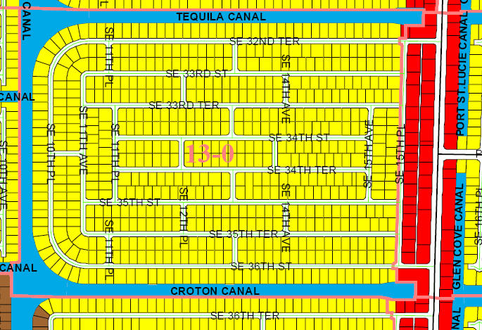 street and canal level map of Cape Coral unit 13