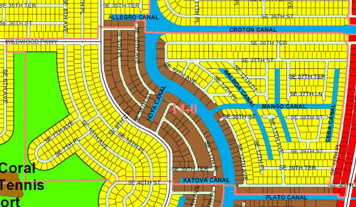 street and canal level map of Cape Coral Unit 14