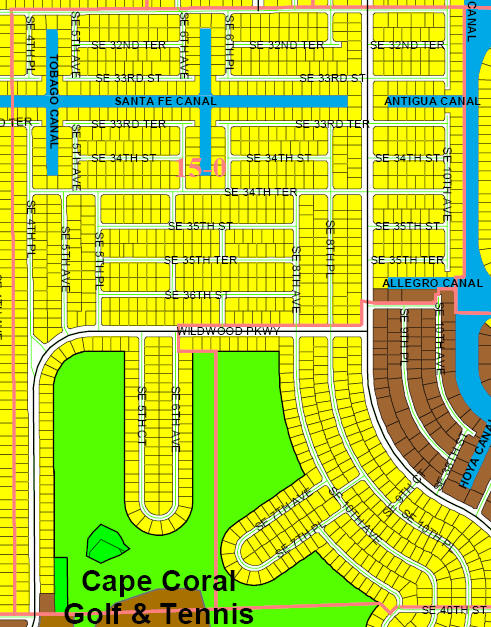street and canal level map of Cape Coral unit 15