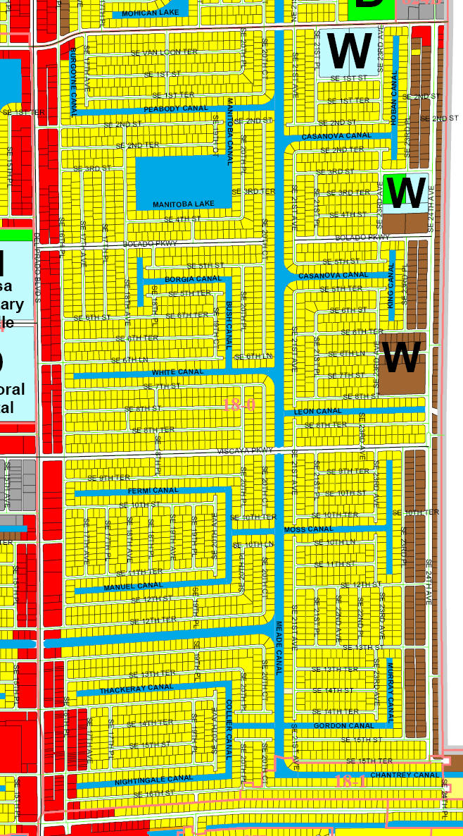 street and canal map of Cape Coral unit 18