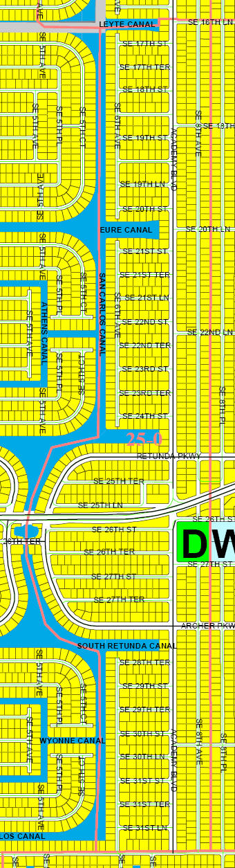 street and canal map of Cape Coral unit 25