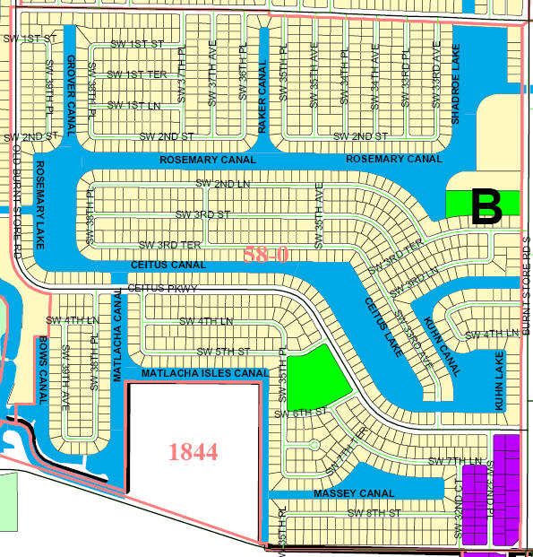 street and canal level map of Cape Coral Unit 58