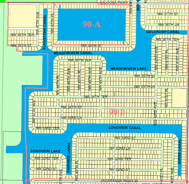 street and canal level map of Cape Coral Unit 90, 90-A
